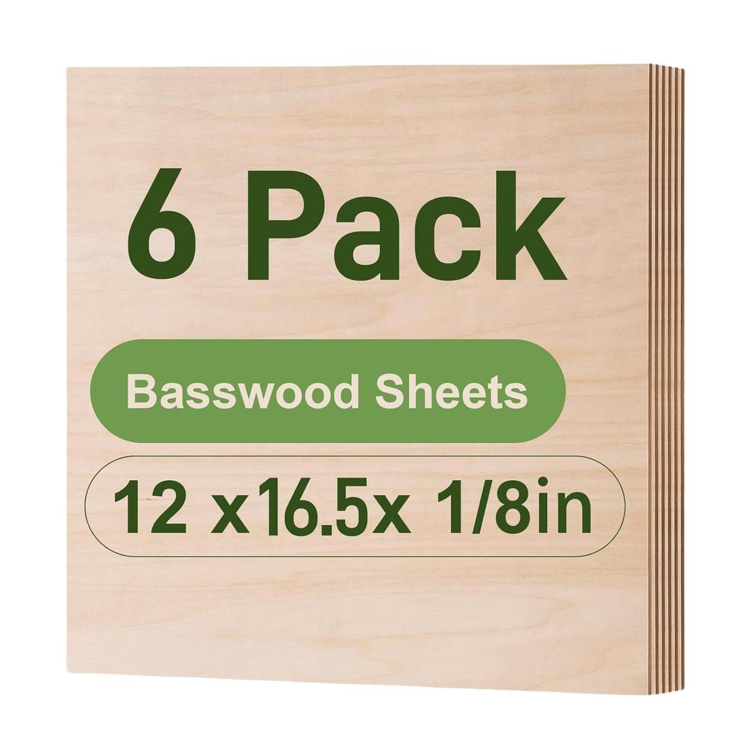 6 Pack Basswood Sheets, 12 x 16.5 x 1/8 Inch, 3mm Thin Plywood Sheets for Laser Cutting and Engraving, Thin Unfinished Wood, Architectural Models and DIY Wood Crafts