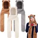 Coume 3 Pack Christmas Winter Fleece Women Bear Ear Sherpa Hooded Scarf Hat Gloves Hooded Scarf Ear Protection Windproof Cap (Mixed Colors)