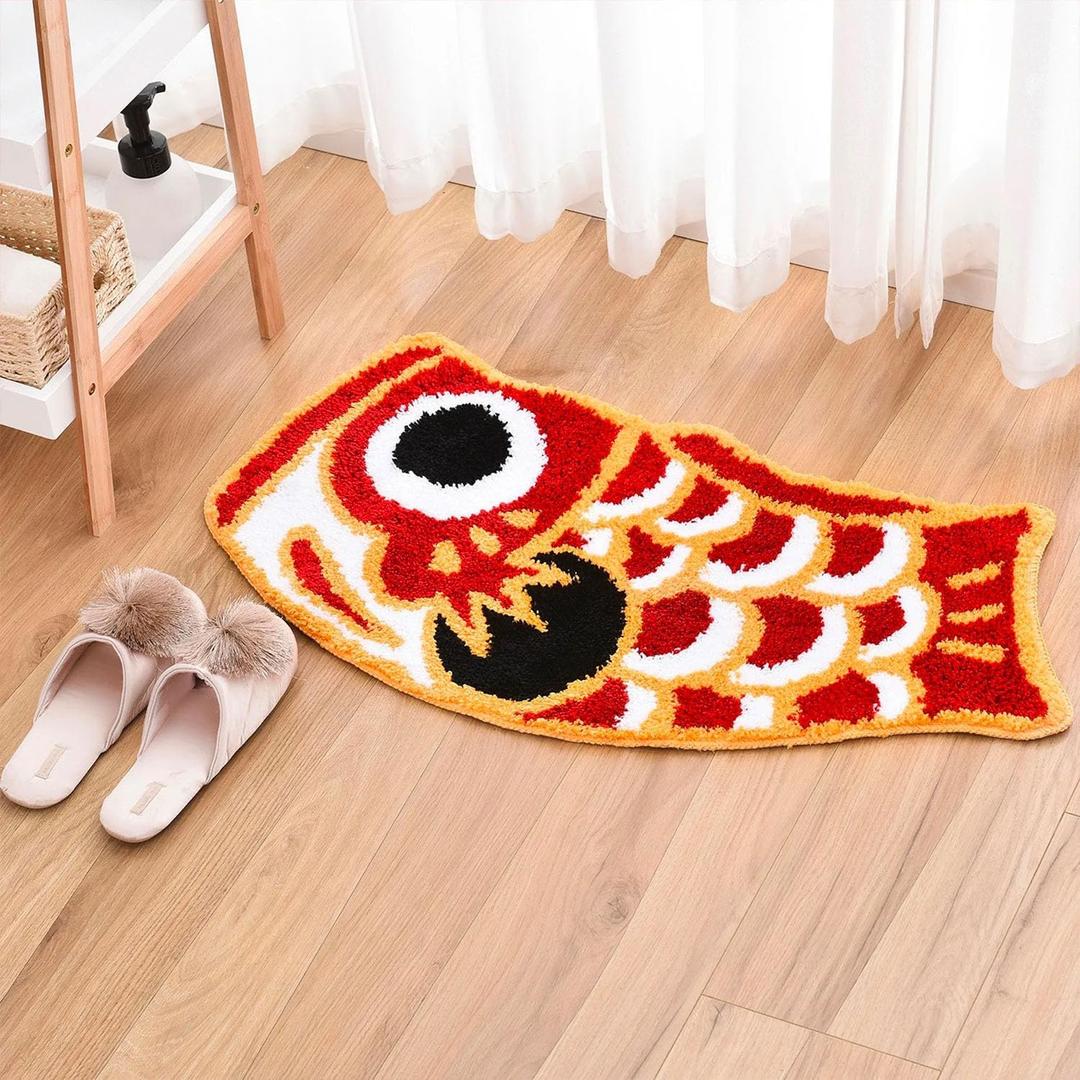 Cute Bath Rug Mat, Red Fish Soft Non-Slip Bathroom Rugs, Japanese Koi Shape Decor Floor Carpet, Funny Absorbent Bathtub Mats for Shower 17.7"x33.5"