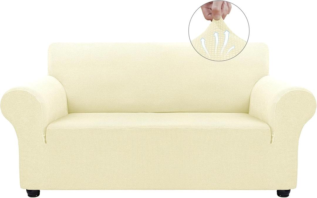 Asnomy Sofa Covers for 2 Cushion Couch Stretch loveseat Covers Slipcovers, Pet Protector Furniture Covers for Dogs Cats Spandex Jacquard Fabric Small Checks MediumOff-White