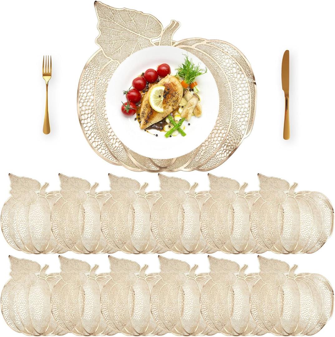 Sliner 12 Pack Thanksgiving Pumpkin Placemats 17 x 16 Inch Vinyl Metallic Pressed Fall Autumn Table Mat Decorations Farmhouse Harvest Pumpkins Round Placemats for Party Kitchen Dinning (Gold)