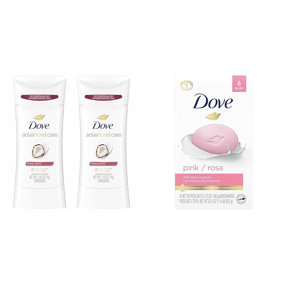 Dove Advanced Care Antiperspirant Deodorant Stick Twin Pack with Dove Beauty Bar Gentle Skin Cleanser Pink 6 Bars