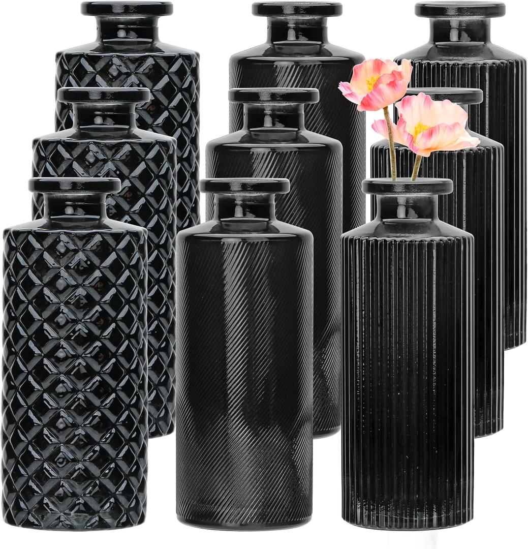 Brajttt Glass Bud Vase Set in Bulk, 9pcs Mini Vintage Flower Vases for Wedding,Black Relief Vase for Centerpieces,Home Table Flower Decor, Party Decorations