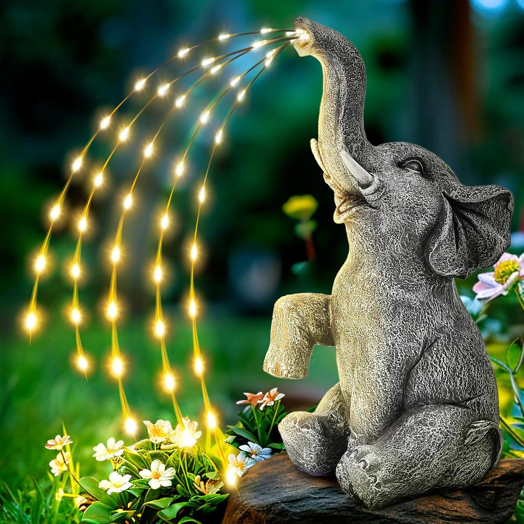 GIGALUMI Solar Garden Decor Watering Elephant Statues Outdoor, Birthday Gifts for Women Mom Grandma Senior Elder, Elephant Ornament for Balcony, Garden, Patio, Yard, Lawn (Twinkling Lights Only)