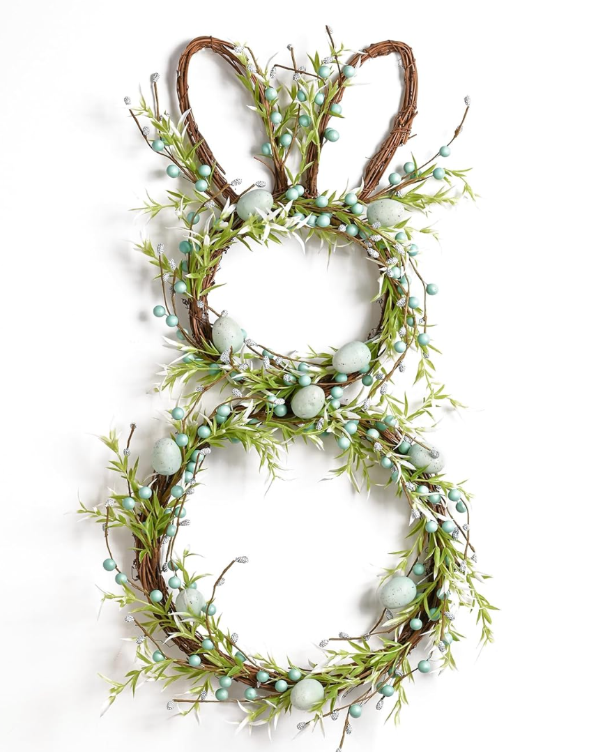 DN DECONATION Easter Bunny Spring Wreath with Egg, Twig and Berries Green Rabbit Easter Wreath for Front Door Decorations Home Farmhouse Outdoor Indoor Wall Mantel Window