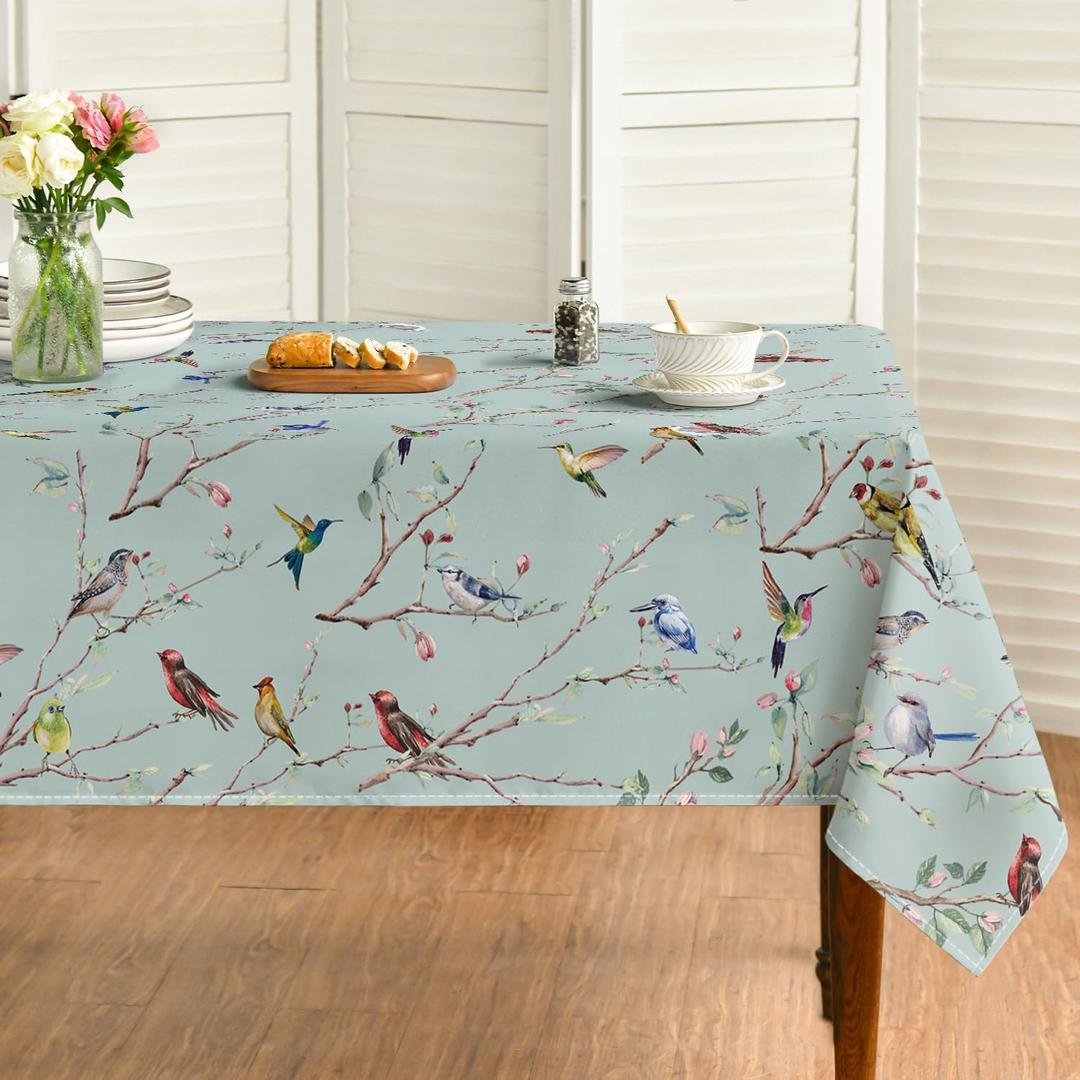 Horaldaily Spring Tablecloth 6060 Inch Square, Birds Branch Green Floral Washable Seasonal Table Cover for Party Picnic Dinner Decor