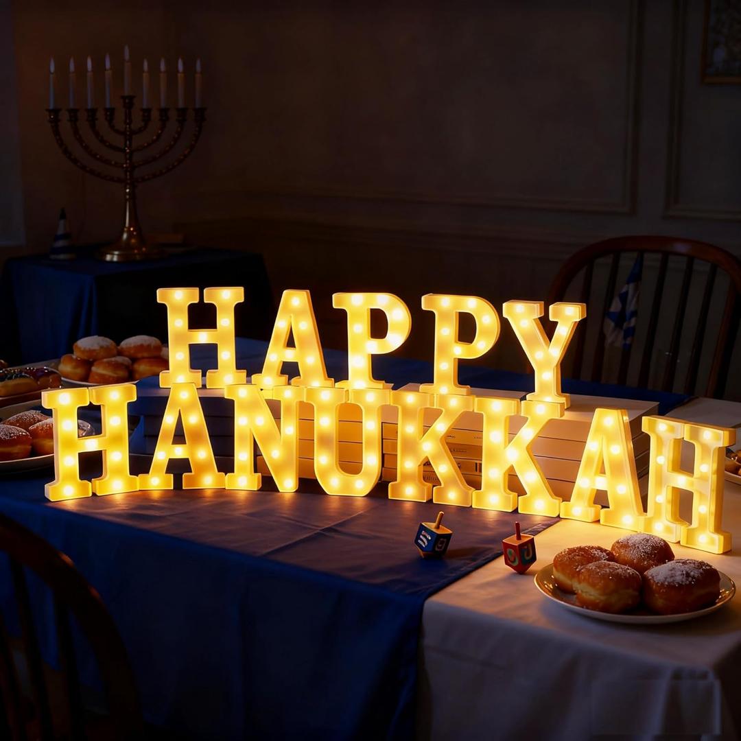 13 Pcs Happy Hanukkah Large LED Letter Sign LED Lights Battery Powered Jewish Table Decoration for Chanukah Party Jerusalem Party Decor