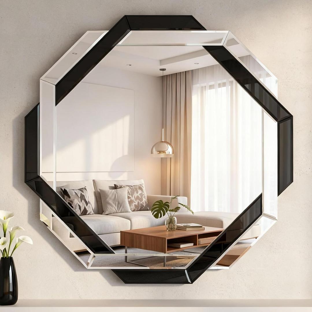 Vercraft Bathroom Mirror Decorative Beveled Edge Frameless Mirror Wall Mirrors Hexagon Silver Polished for Wall Bathroom Vanity Room Bedroom Living Room and Enter Way(Large,Black,30"30")