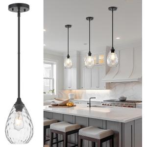 Glass Pendant Lights Kitchen Island, 1-Light Modern Black Pendant Light Fixtures with Hammered Glass and Rods, Small Hanging Light for Kitchen Sink Dining Room Bathroom