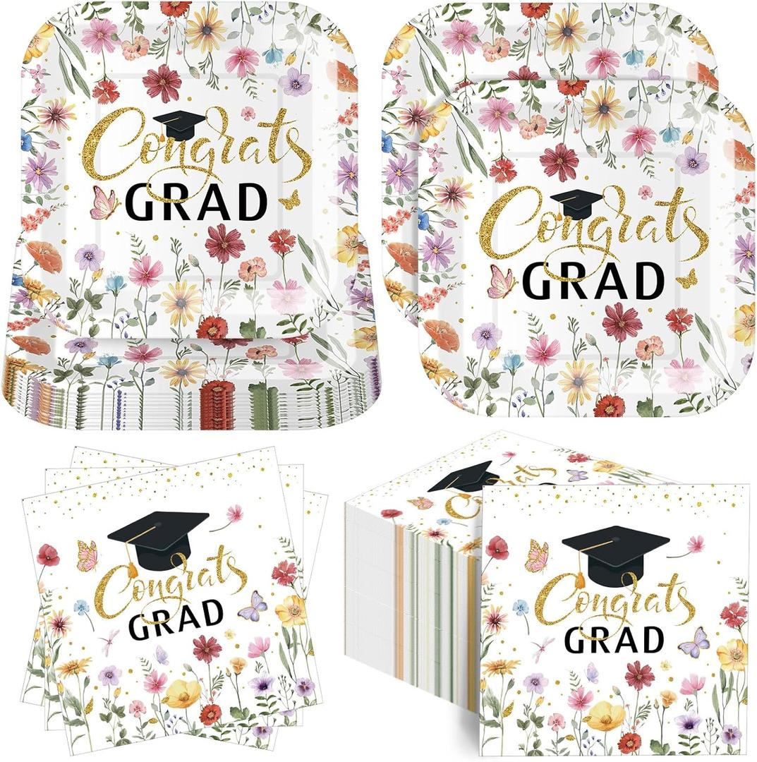 Funnymoom 100 Pcs Wildflower Graduation Party Supplies 2026 Paper Plates and Napkins, 7 Inches Disposable Plates 13 Inches Dinner Napkins Party Decorations, Serves 50 (Colorful,Grad)
