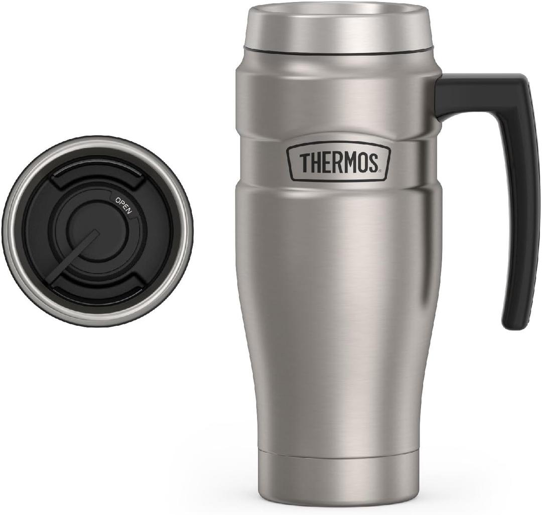 THERMOS Stainless King Vacuum-Insulated Travel Mug with Handle - 16oz, Matte Steel - Thermos Tumbler for Hot & Cold Drinks - Leak-Proof & Sweat-Proof Stainless Steel Coffee Mug with Lid for Commuting