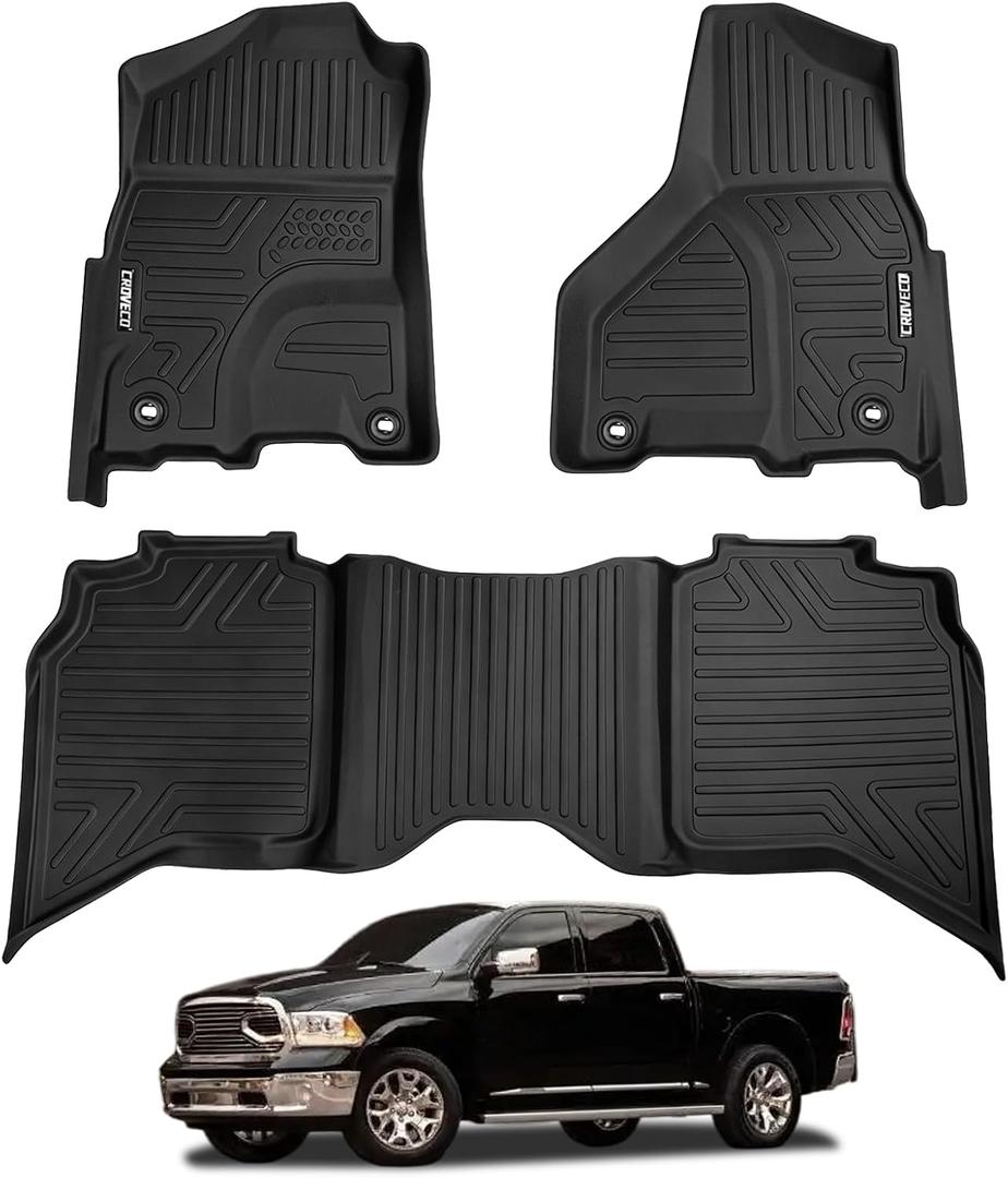 Floor Mats Compatible with 2013-2018 Dodge Ram 1500/2500/3500 Crew Cab / 2019-2024 Ram 1500 Classic Crew Cab (NOT Fit New Body Style), TPE All Weather 1st & 2nd Row Floor Liners, 3pcs Black