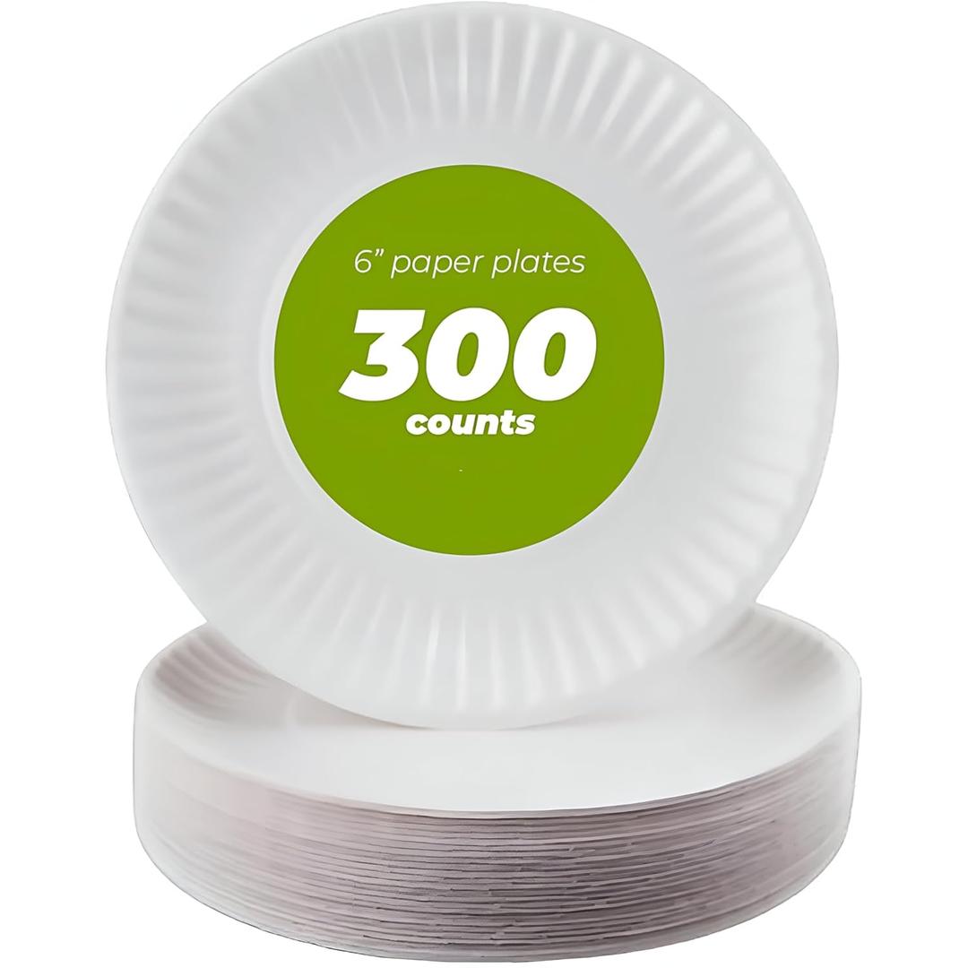 6" Paper Plates Uncoated, Disposable Dessert Plates for Everyday Use, White, Pack of 300ct