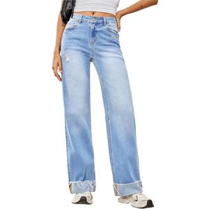 Sidefeel Women's Wide Leg Jeans High Waisted Stretchy Distressed Straight Leg Folded Hem Loose Denim Pants (6, Iceland Blue)