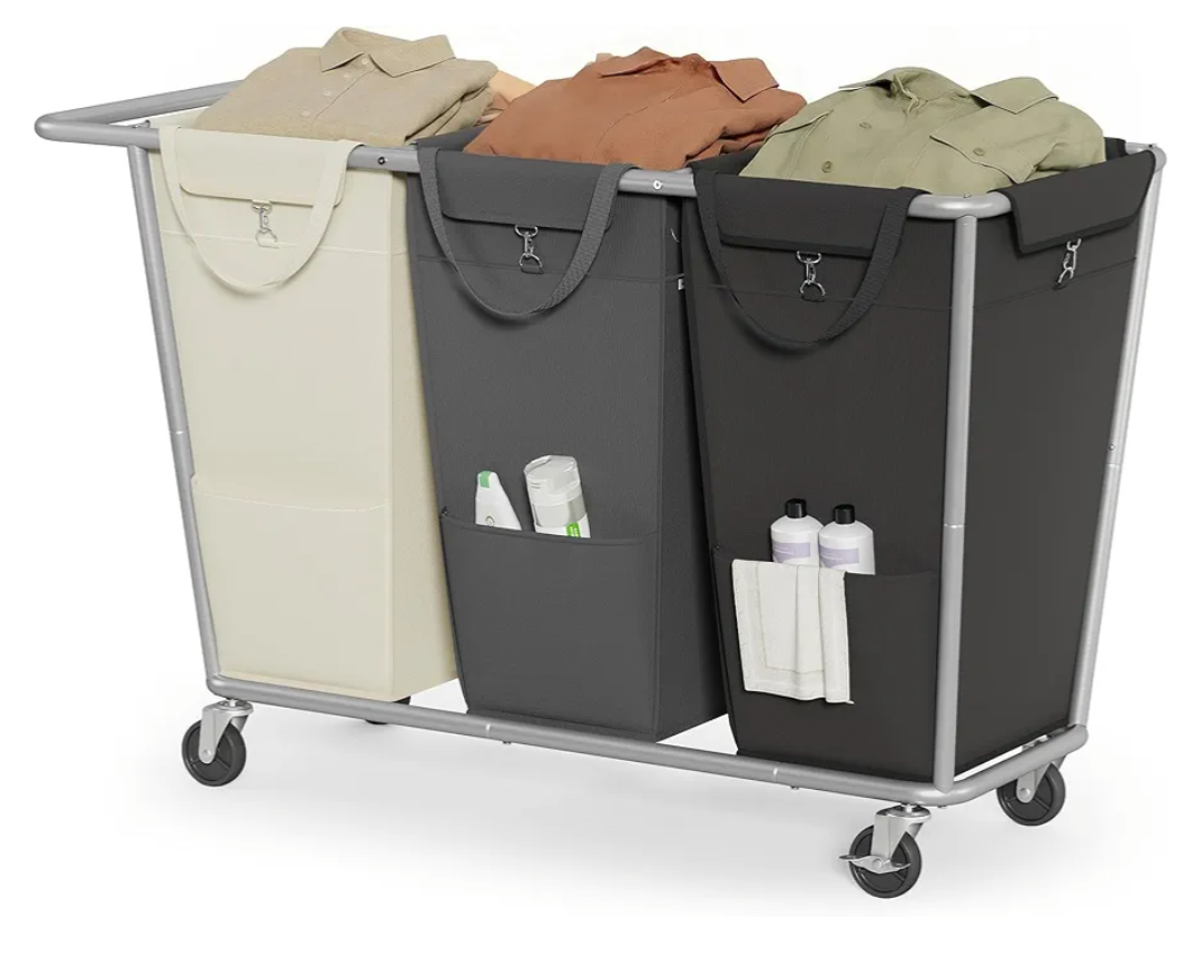 SONGMICS Laundry Basket with Wheels, 3-Section Laundry Sorter, 76.6 Gallons (290 L) Rolling Hamper with Removable Bags, Heavy-Duty Steel Frame, Cream White, Dark Gray and Ink Black URLS010X01