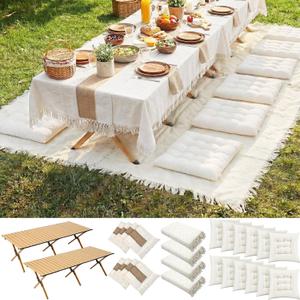 Novabright 20 Pcs Picnic Kit Folding Picnic Table 59'' x 20.5'' Large Outdoor Boho Blanket 91'' x 71'' Beige Table Runner 6 Floor Pillows Cushions Woven Cotton Oversize Washable for Camp Wedding