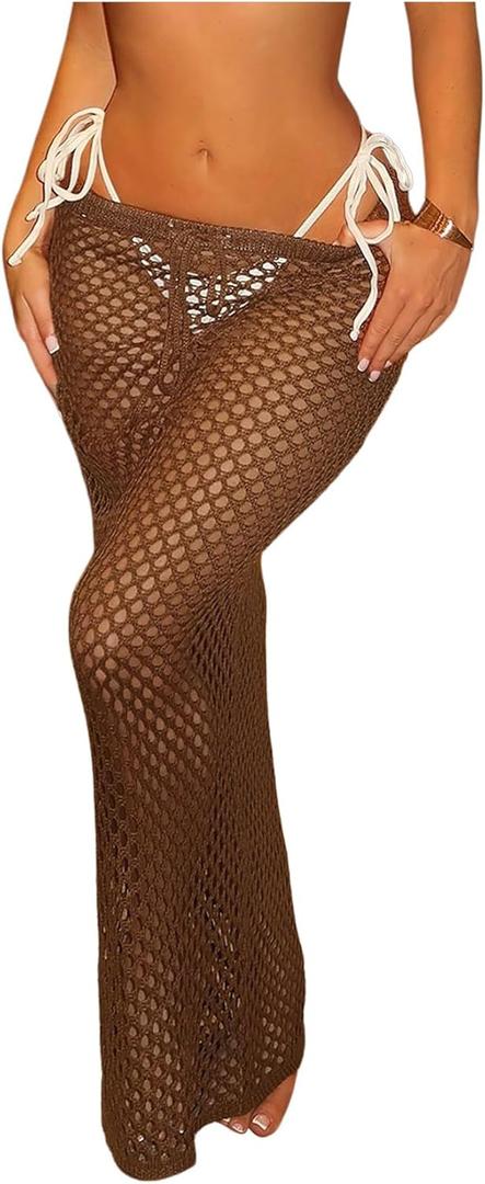 Milumia Women's Hollow Out Crochet Swimsuit Cover Up Skirt Beach Coverup Bodycon Maxi Skirt (Large, Brown)