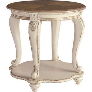 Signature Design by Ashley Realyn Round End Table, Cottage-Style Side Table with Antiqued Two-Tone Finish, Wood & Veneer Construction for Living Room or Bedroom, White/Brown, 26"W x 26"D x 26"H