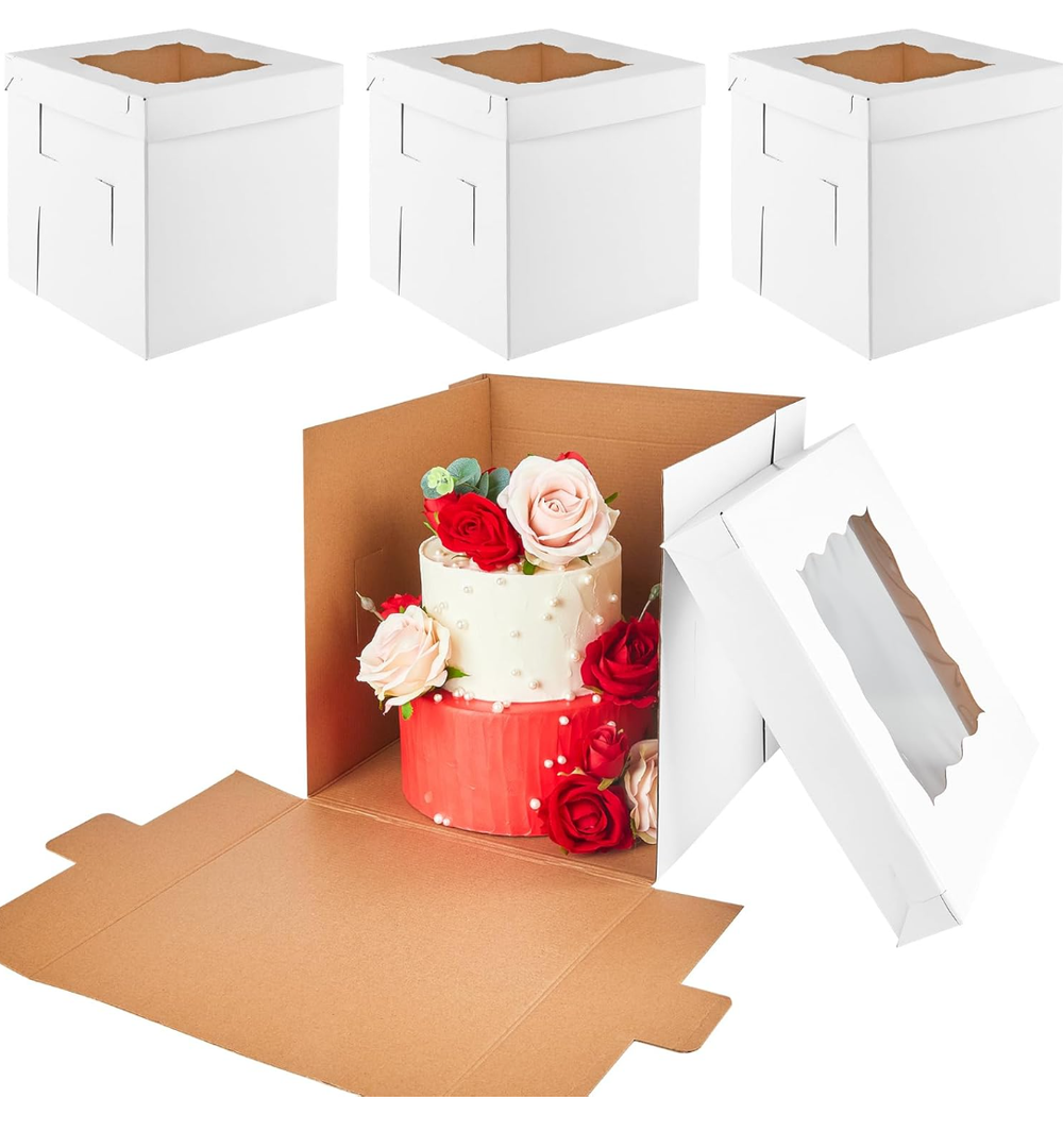 Kucoele 3 Pack 12 x 12 x 12 Inches Tall Cake Boxes with Window, White Tiered Cakes Boxes Disposable Layer Cake Carrier Cardboard Cake Container