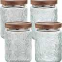 24 OZ Set of 4 Glass Storage Jar with Airtight Bamboo Wooden Lids, Vintage Food Containers Canisters Sets for Kitchen Counter Pantry, Sugar, Flour, Candy, Tea, Coffee Beans, Oats, Grain Bin, Pasta