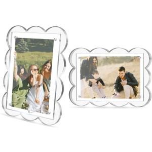 2 Pack 5x7 Acrylic Frame, Clear Magnetic Picture Frames, Scalloped Lucite Plexiglas Floating Photo Frame for Tabletop Vertical and Horizontal Display