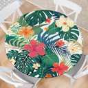 Round Fitted Tablecloth with Elastic Tropical Palm Leaves Outdoor Tablecloth Round Table Cover Waterproof Tablecloth for Kitchen Party Picnic Fits 44-48" Diameter Round Tables