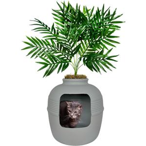 Good Pet Stuff Hidden Cat Litter Box Enclosure with Artificial Plant, Decorative Round Planter, Vented Carbon Charcoal Filter for Odor Control, Easy-to-Clean, Made in USA, Base Kit, Gray