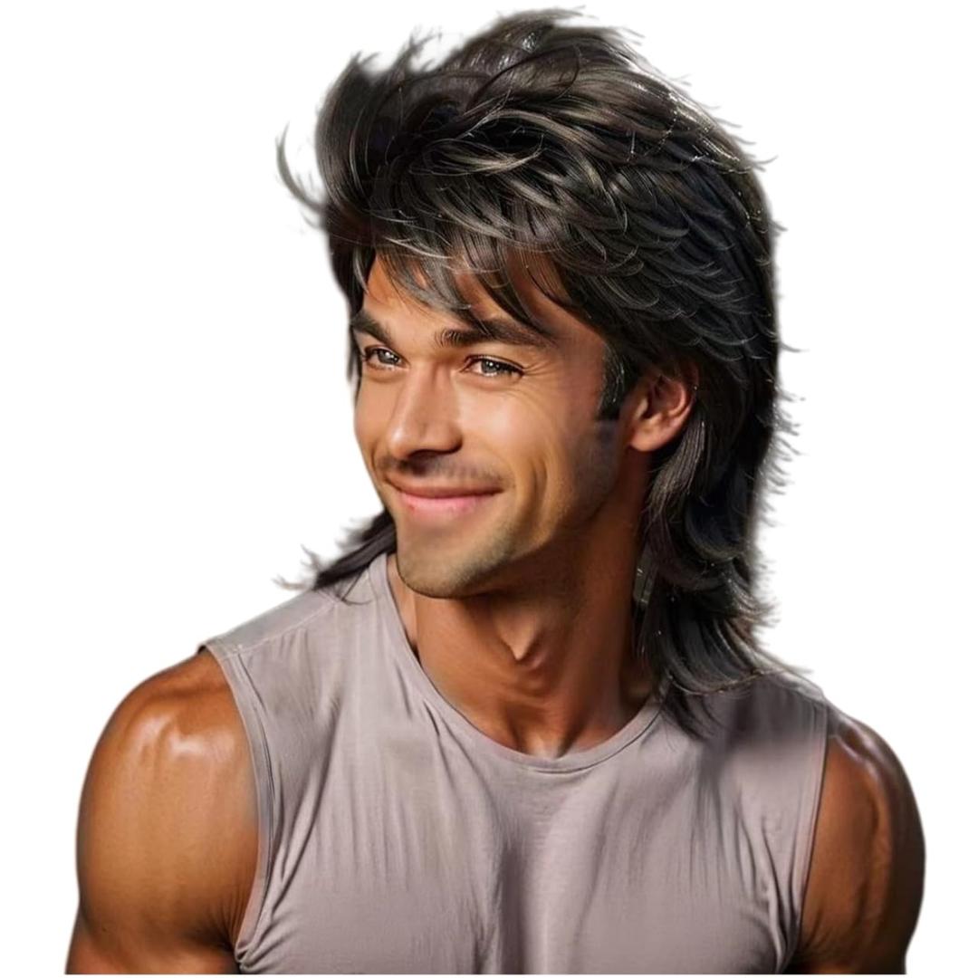 Mullet Wig Black 80s Men Wig,Punk Rocker Hair Party Daily Halloween Costumes Long Wigs