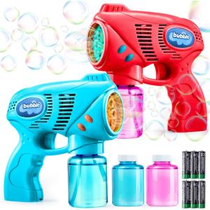 JOYIN 2 Bubble Guns with 2 Refill Solution (10 oz Total), Bubbles Maker, Blower, Machine Gun Blaster for Kids, Toddlers, Outdoors Activity, Party, Birthday Gift, Easter Toys (Blue+Red)