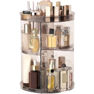 360 Rotating Makeup Organizer with Lipstick Slots, DIY 8 Adjustable Height Spinning Skincare Organizers, Brush and Perfume Storage Carousel, Cosmetic Display Case for Vanity Bathroom Countertop