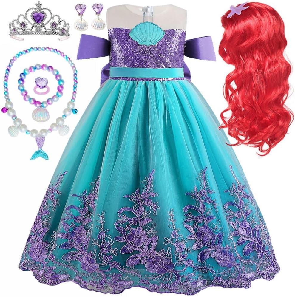 Princess Little Mermaid Costume for Girls Mermaid Wig Princess Ariel Cosplay Dress Up for Birthday Party Halloween Costume (130(5-6T), Leis Mermaid Dress With Necklace)
