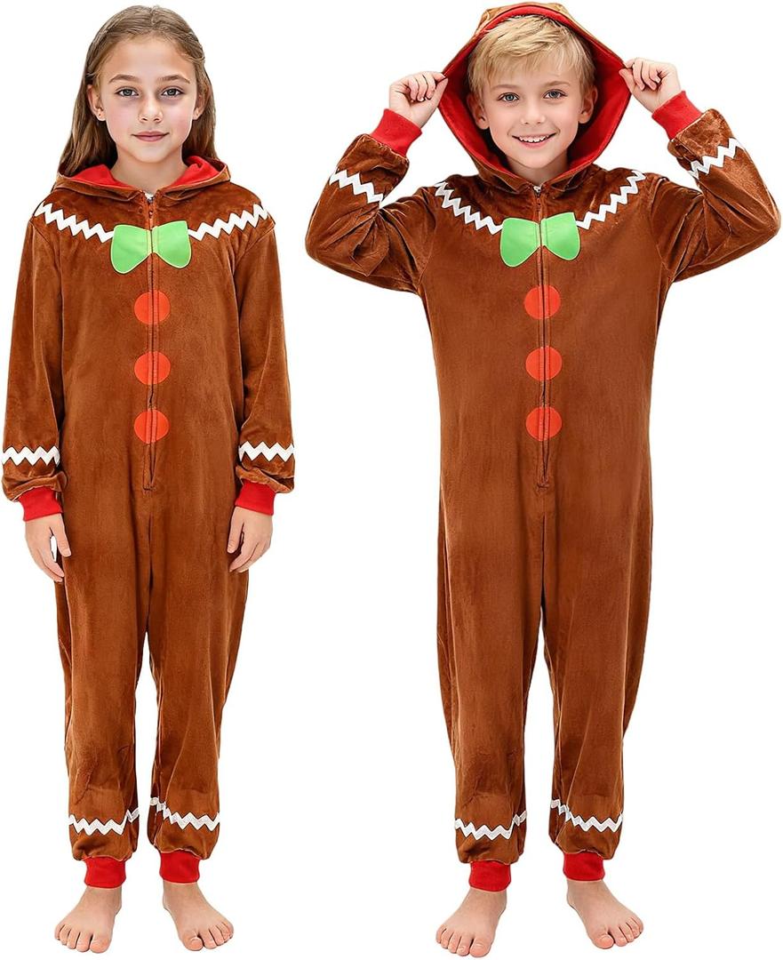 Gingerbread Pajamas Unisex Cookie Teen Hooded Jumpsuit Cosplay Sleepwear Onesie Halloween Christmas Pajamas (120)
