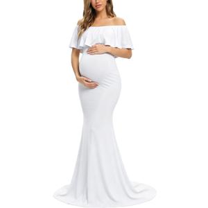 Glampunch Womens Off Shoulder Maternity Dress Ruffles Elegant Slim Gowns Fit Maxi Photography Dress (White, M)