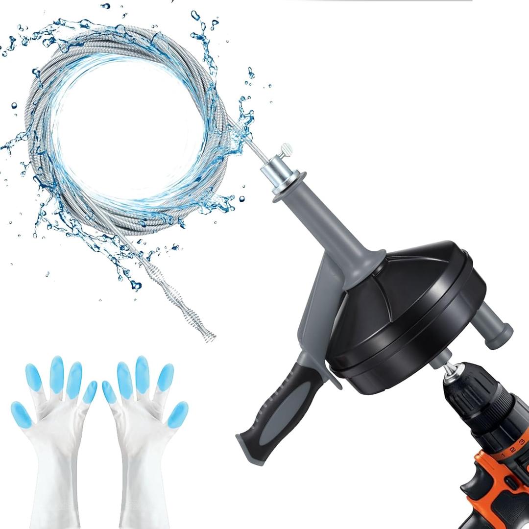 Drain Auger, Clog Remover with Drill Adapter, 25 Feet Flexible Plumbing Snake Use Manually or Powered for Kitchen, Bathroom and Shower Sink, Comes with Gloves(Gray)
