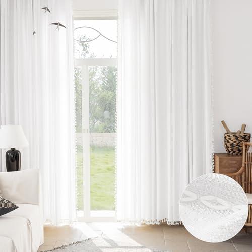 BTTN White Curtains 84 Inch Length 2 Panels Set, Long Boho Farmhouse Linen Striped Embroidery Drapes with Tassels for Bedroom Living Room, Light Filtering French Rod Pocket Window Treatments, 52x84