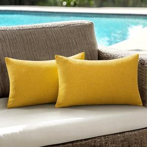 ANRODUO Pack of 2 Yellow Outdoor Pillows for Patio Furniture Decorative Farmhouse Linen Cushion Sham Outdoor Waterproof Outside Lumbar Pillowcase for Garden Balcony Bench Outdoor Decor 12x20 Inch