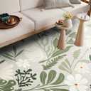 RoomTalks Cute Funky Bedroom Rugs Aesthetic Decor, 5x7 Washable Area Rug Non Slip Sage Green Boho Floral Botanical Rug Modern Abstract Throw Rug Accent Carpet for Living Room Kitchen Entryway Dorm