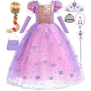 Girls Princess Costume Purple Sequin Dress Toddler Halloween Birthday Party Christmas Outfit with Wig, Size: 7-8 Years