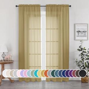 OWENIE Gold Sheer Curtains 84 Inch Length 2 Panels Set, Light Filtering Voile Fimly Sheer Drapes for Living Room/Bedroom, 2pcs, Gold Solid Rod Pocket Sheer Curtains, Each 42" W x 84" L