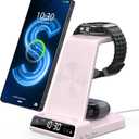 Wireless Charger for Samsung Charging Station with Clock for Samsung Galaxy S24 Ultra/S23 Ultra/Z Flip 6/5/Fold 5/Bud 2, 3 in 1 Charging Station Watch Charger for Samsung Galaxy Watch 7/6/5Pro(Pink)