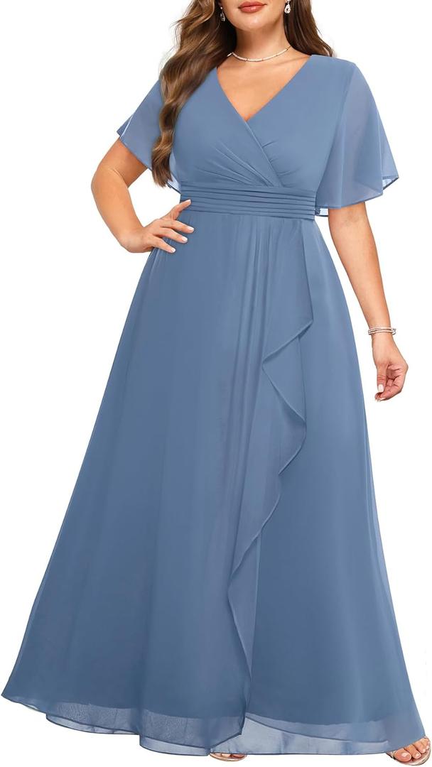 Talisea Plus Size Formal Dresses - Wedding Guest Bridesmaid Evening Prom Chiffon V Neck Ruffle Short Sleeves Long Dress Women (Grey Blue)