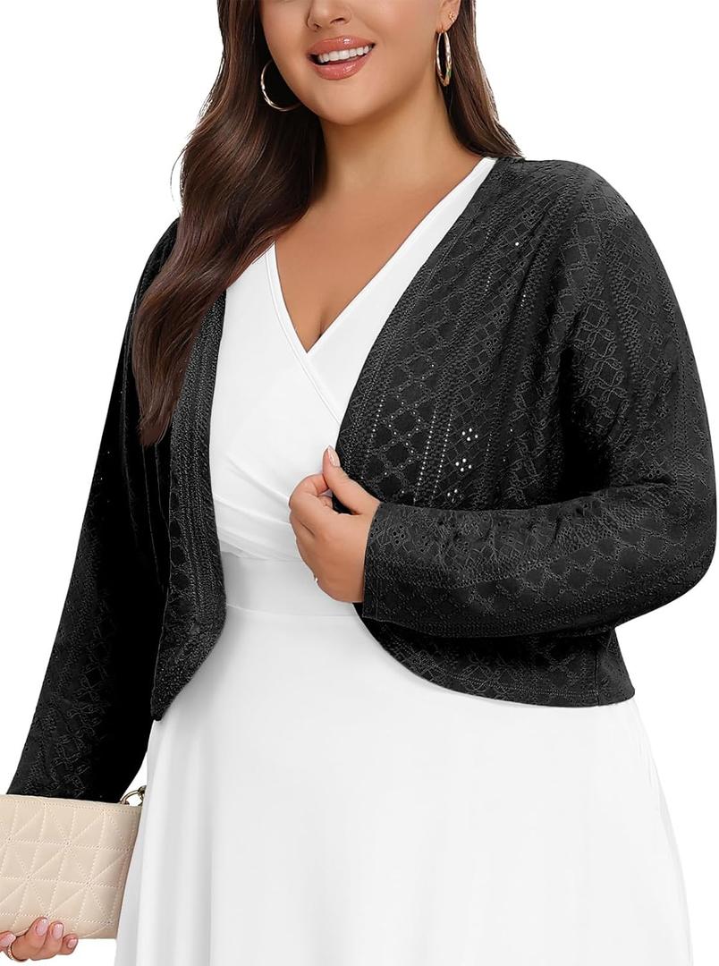 Lastshe Women's Plus Size Shrug Open Front Long Sleeve Cropped Openwork Cover Ups Bolero Dressy Cardigans for Dresses (Black, XXXL)