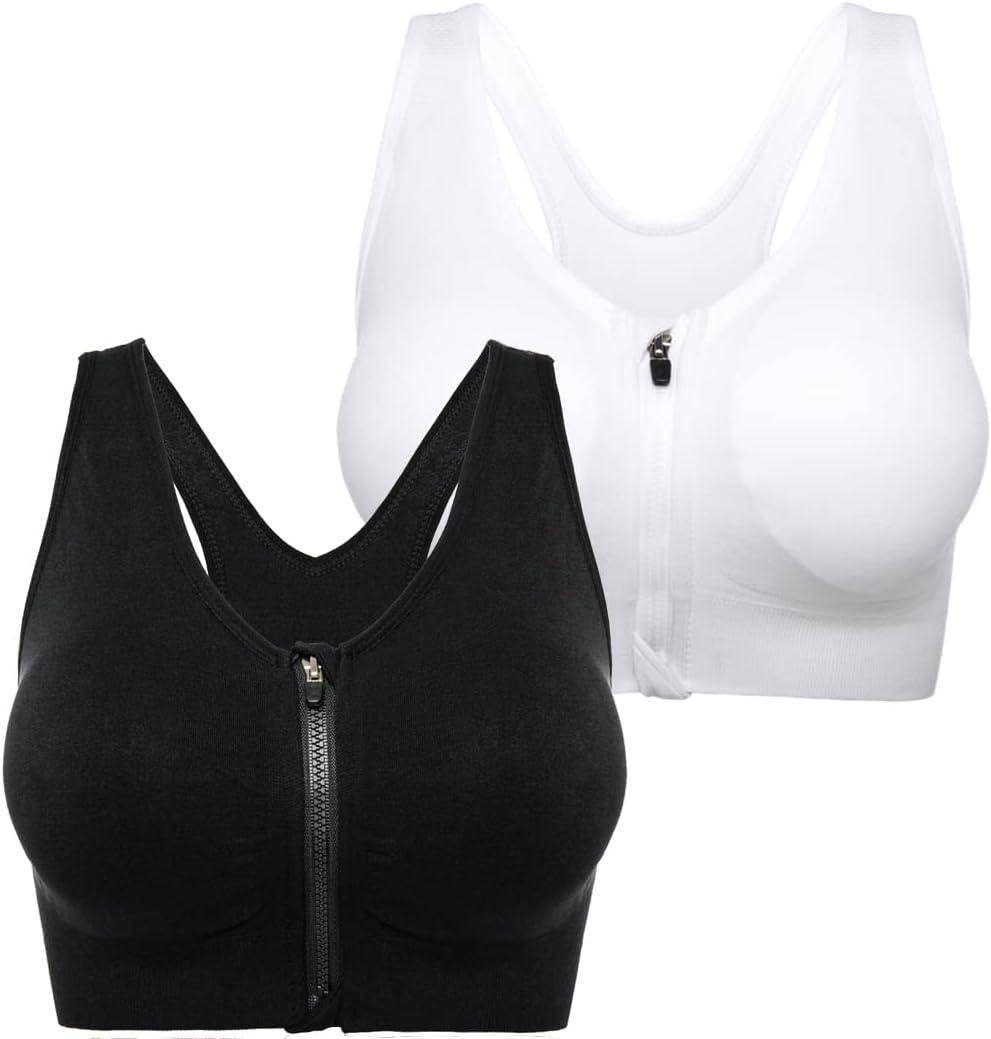 Women's Zip Front Sports Bra - Wireless Post-Surgery Bra, Medium Support for Yoga & Light Workouts (XX-Large, Black+white)