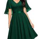 MISSMAY Women's Vintage V-Neck Floral Lace Contrast Chiffon Prom Party Dress (Green, S)