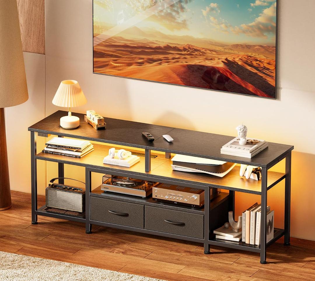 Huuger TV Stand for 55 60 Inch TV, Entertainment Center with Power Outlets and LED Lights, 54 Inch TV Console for Living Room, Media Console with Drawers and Shelves, Black