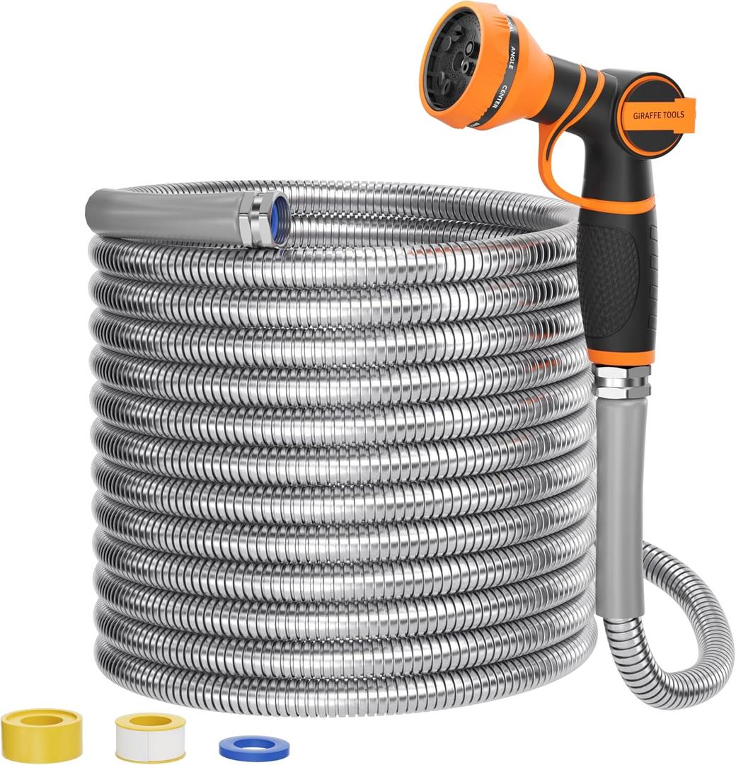 Giraffe Tools Garden Hose 100ft x 3/4", 304 Stainless Steel Metal Water Hose, No Kink Garden Water Hose with 9 Pattern Spray Nozzle, Flexible, Lightweight, Kink Free Hose for Yard, Outdoor