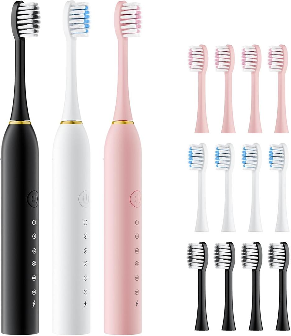 Dnil 3 Pack Sonic Electric Toothbrush Set, 42000 VPM High-Frequency Vibrations, 6 Brushing Modes with Smart Timer, 12 Replacement Heads Included for Deep Cleaning and Gum CareBlack+White+Pink
