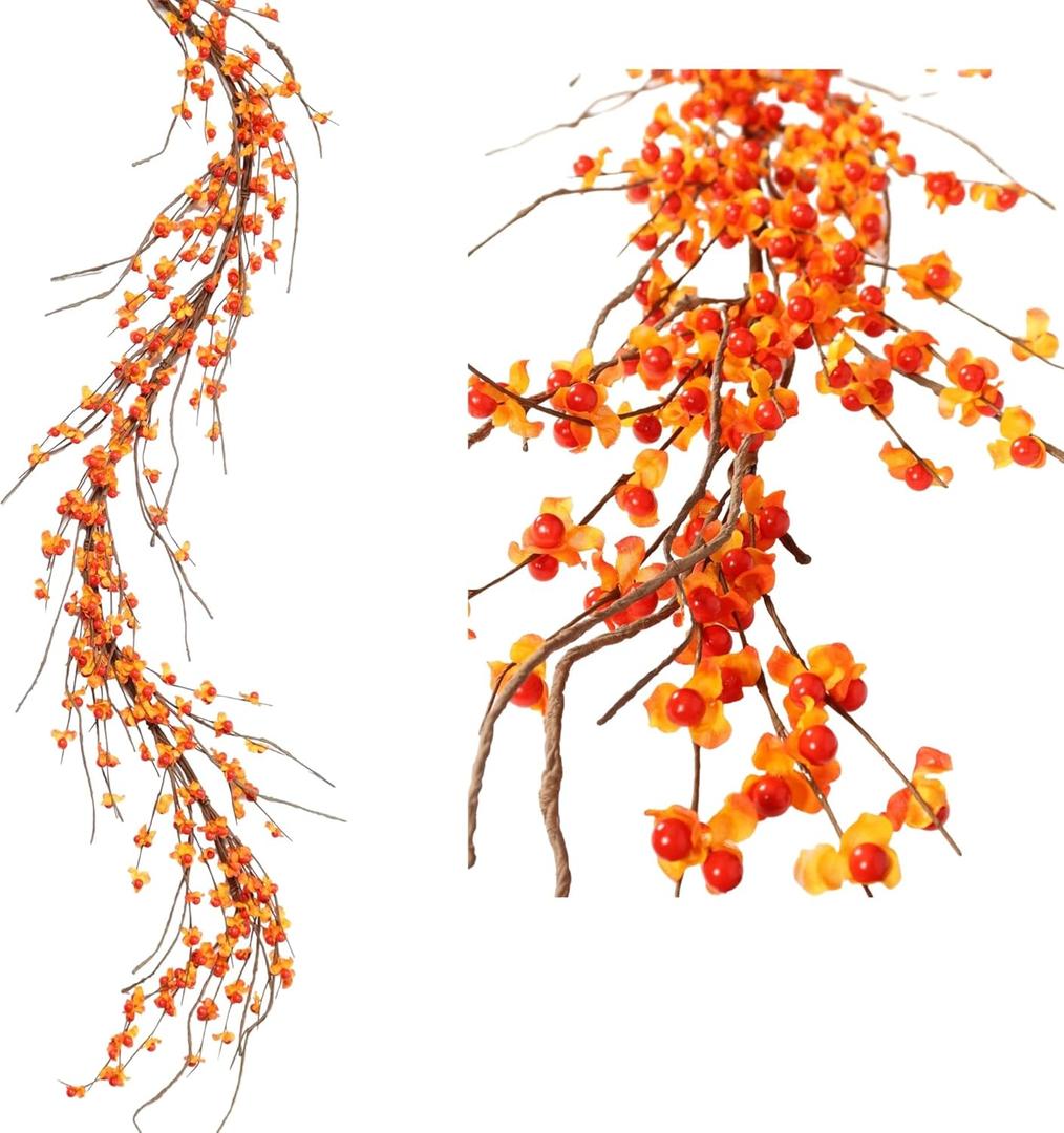 Artificial Bittersweet Garland for Fall Dcor 60-Inch, Autumn Berries and Leaves for Thanksgiving, Halloween, and Wedding Decorations  Perfect for Mantels, Staircases, and Centerpieces