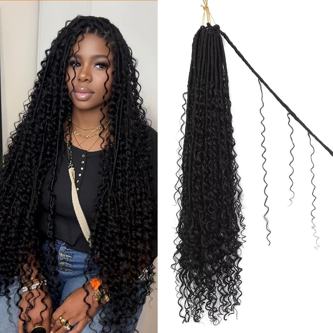Boho Goddess Locs Crochet Hair - 9 Packs Boho Faux Locs Crochet with Curly Ends, Boho Soft Locs 30 inch, River Hair with Curls for Black Women (30Inch, 1B#)
