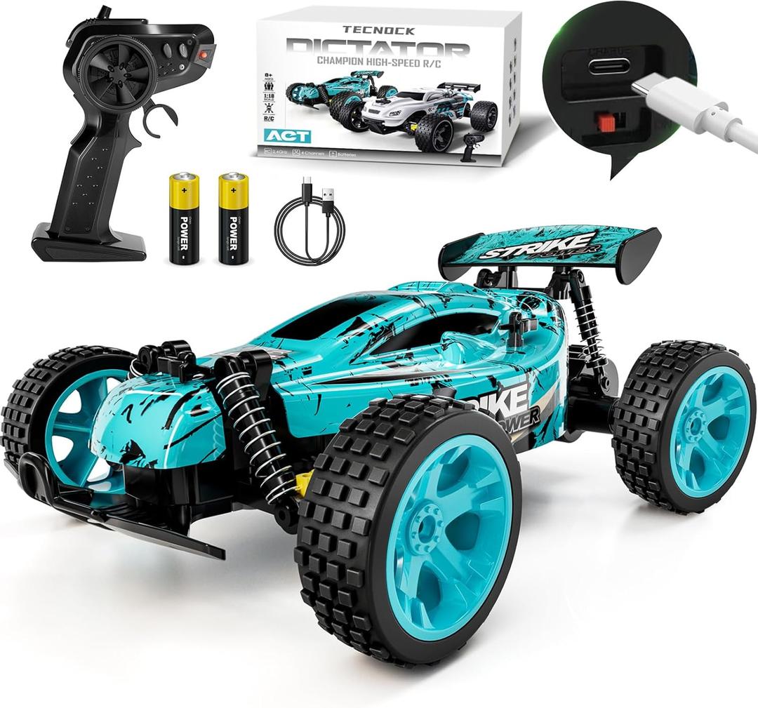 Tecnock RC Cars Remote Control Car for Kids, 1:18 Scale 20 KM/H 2WD Offroad Buggy, 2.4GHz RC Racing Car with USB-C Easy Charging & 50 Mins Playtime, Toys Gifts for Boys & Girls (Blue)